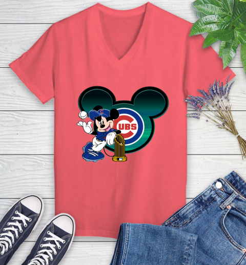 MLB Chicago Cubs The Commissioner's Trophy Mickey Mouse Disney Women's V-Neck T-Shirt 6