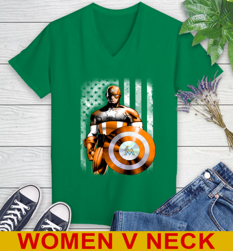 Miami Marlins MLB Baseball Captain America Marvel Avengers American Flag Shirt Women's V-Neck T-Shirt 5