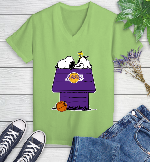 Los Angeles Lakers NBA Basketball Snoopy Woodstock The Peanuts Movie Women's V-Neck T-Shirt 11