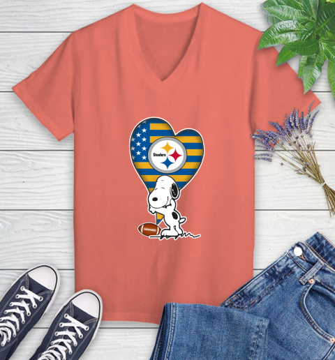 Pittsburgh Steelers NFL Football The Peanuts Movie Adorable Snoopy Women's V-Neck T-Shirt 6