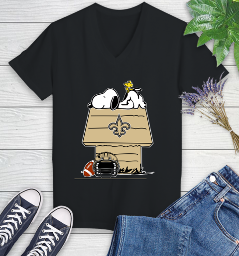 New Orleans Saints NFL Football Snoopy Woodstock The Peanuts Movie Women's V-Neck T-Shirt 2