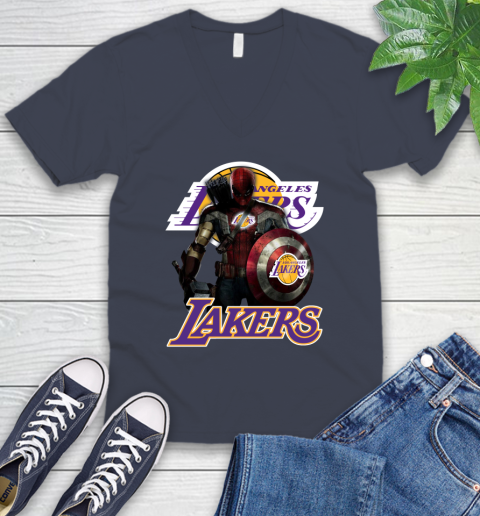 Los Angeles Lakers NBA Basketball Captain America Thor Spider Man Hawkeye Avengers V-Neck T-Shirt 9