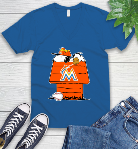 MLB Miami Marlins Snoopy Woodstock The Peanuts Movie Baseball T Shirt V-Neck T-Shirt 6