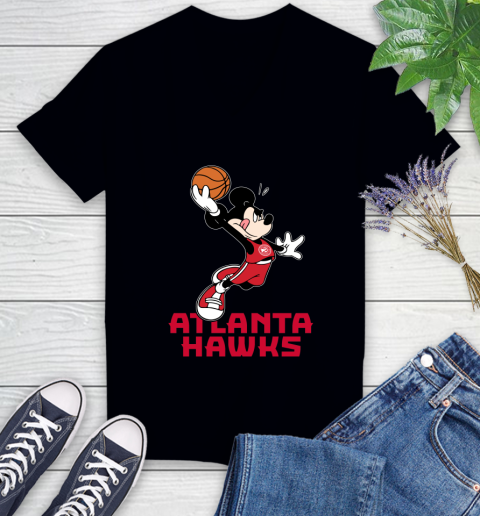 NBA Basketball Atlanta Hawks Cheerful Mickey Mouse Shirt Women's V-Neck T-Shirt