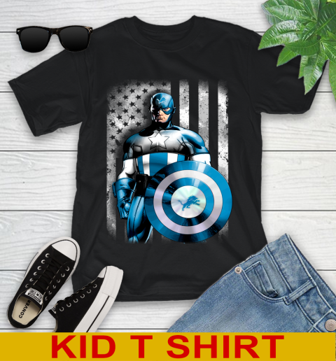 Detroit Lions NFL Football Captain America Marvel Avengers American Flag Shirt Youth T-Shirt