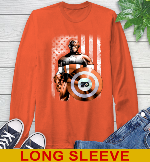 Philadelphia Flyers NHL Hockey Captain America Marvel Avengers American Flag Shirt Long Sleeve T-Shirt 4