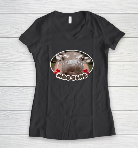 Moo Deng Bouncy Pig in Thai Picture The Cute Baby Hippo Women's V-Neck T-Shirt 4