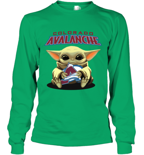 dsnv baby yoda hugs the colorado avalanche youth long sleeve 50 front irish green