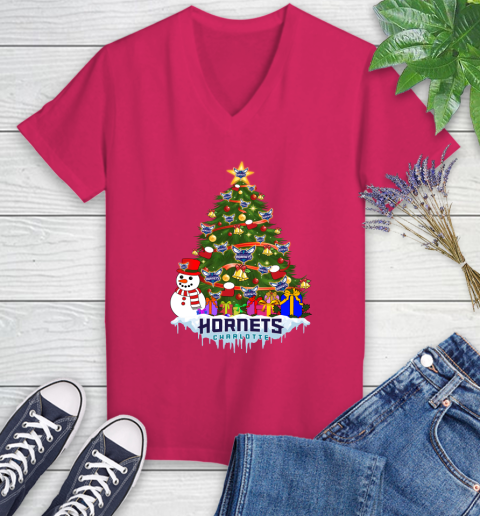 Charlotte Hornets Merry Christmas NBA Basketball Sports Women's V-Neck T-Shirt 9