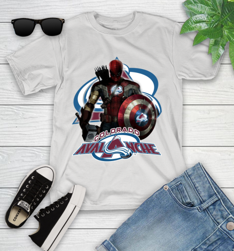 NHL Captain America Thor Spider Man Hawkeye Avengers Endgame Hockey Colorado Avalanche Youth T-Shirt