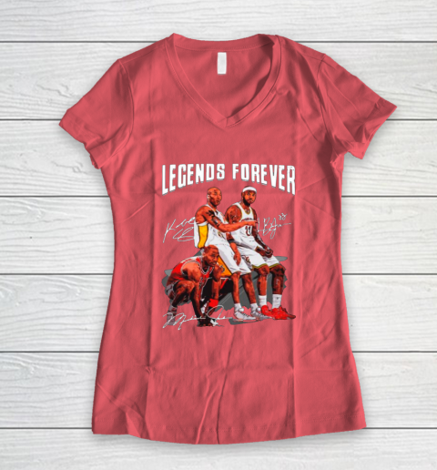 Kobe Bryant Lebron James And Michael Jordan Legends Forever Signatures Women's V-Neck T-Shirt 4