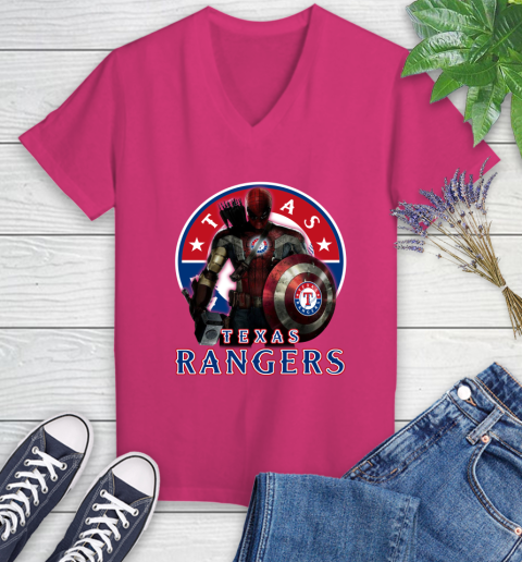MLB Captain America Thor Spider Man Hawkeye Avengers Endgame Baseball Texas Rangers Women's V-Neck T-Shirt 9