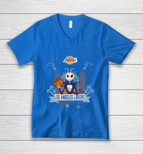 NBA Los Angeles Lakers Basketball Jack Skellington Halloween V-Neck T-Shirt 5