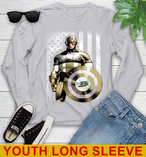 Anaheim Ducks NHL Hockey Captain America Marvel Avengers American Flag Shirt Youth Long Sleeve 5