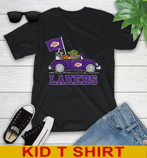 NBA Basketball Los Angeles Lakers Darth Vader Baby Yoda Driving Star Wars Shirt Youth T-Shirt 2