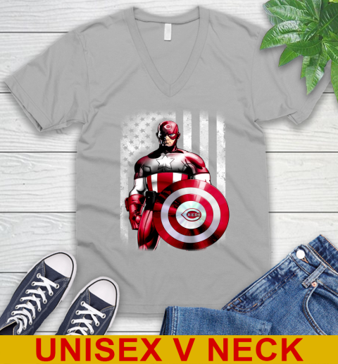 Cincinnati Reds MLB Baseball Captain America Marvel Avengers American Flag Shirt V-Neck T-Shirt 3