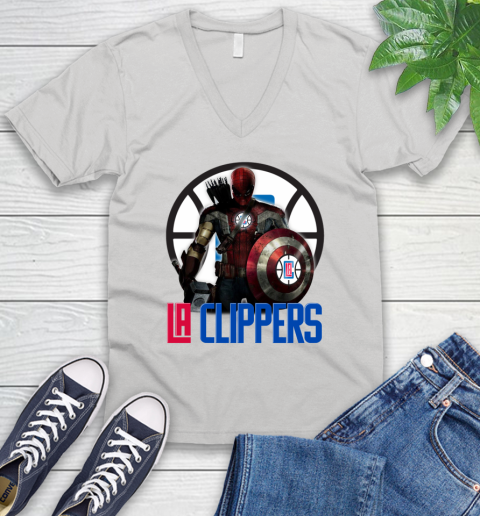 LA Clippers NBA Basketball Captain America Thor Spider Man Hawkeye Avengers V-Neck T-Shirt