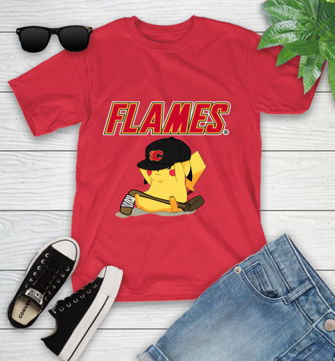 NHL Pikachu Hockey Sports Calgary Flames Youth T-Shirt 10