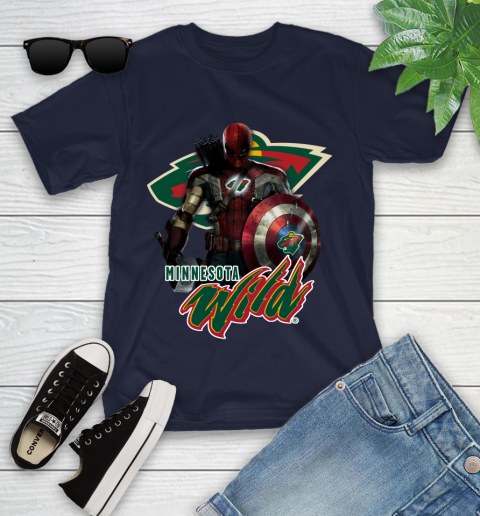 NHL Captain America Thor Spider Man Hawkeye Avengers Endgame Hockey Minnesota Wild Youth T-Shirt 3