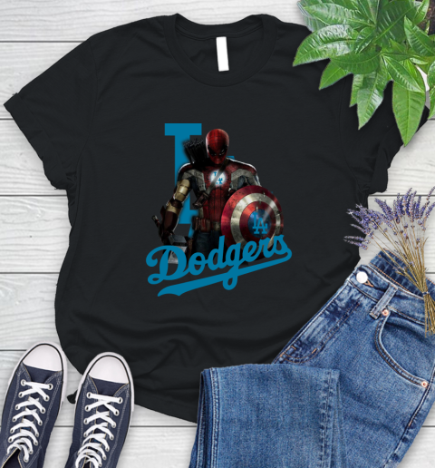 MLB Captain America Thor Spider Man Hawkeye Avengers Endgame Baseball Los Angeles Dodgers Women's T-Shirt 2