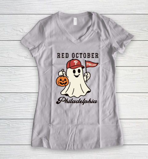 Red October Philadelphia Phillies Halloween Ghost Women's V-Neck T-Shirt