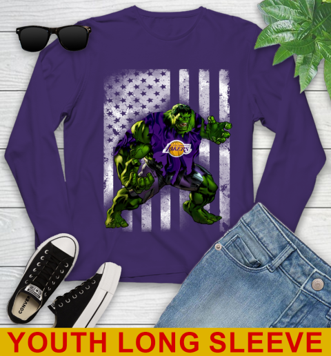 Los Angeles Lakers Hulk Marvel Avengers NBA Basketball American Flag Youth Long Sleeve 4