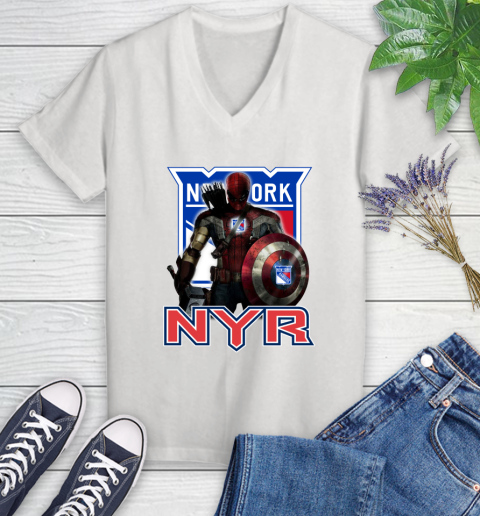 NHL Captain America Thor Spider Man Hawkeye Avengers Endgame Hockey New York Rangers Women's V-Neck T-Shirt