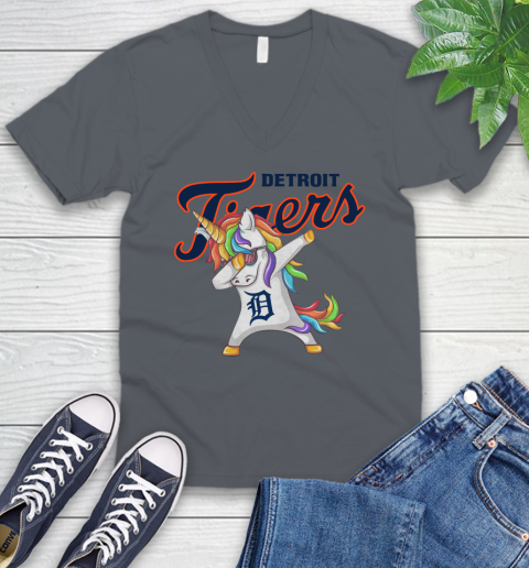 Detroit Tigers MLB Baseball Funny Unicorn Dabbing Sports V-Neck T-Shirt 5
