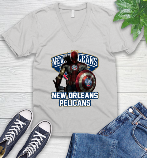 New Orleans Pelicans NBA Basketball Captain America Thor Spider Man Hawkeye Avengers V-Neck T-Shirt