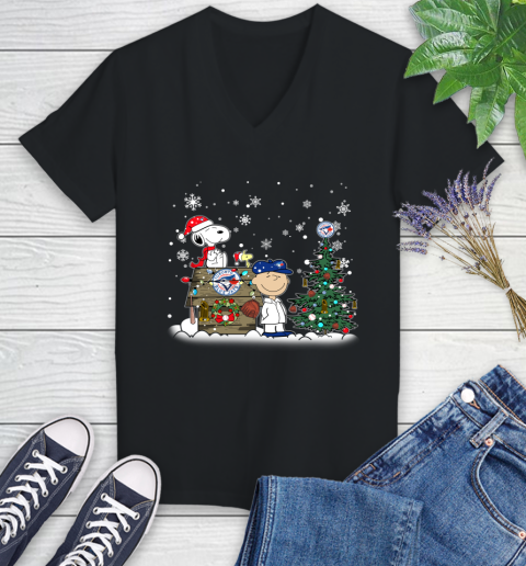 MLB Toronto Blue Jays Snoopy Charlie Brown Christmas Baseball Commissioner's Trophy Women's V-Neck T-Shirt
