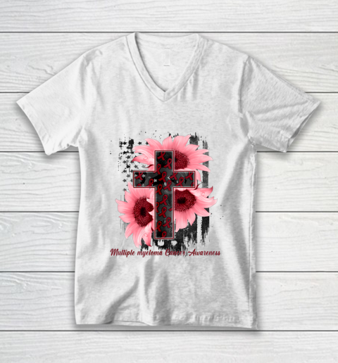 America Flag Christian Cross Ribbon Multiple Myeloma Cancer V-Neck T-Shirt