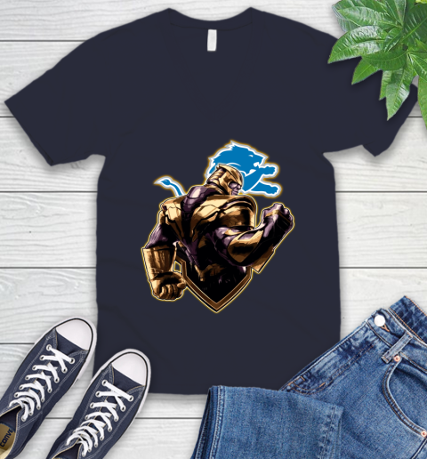 NFL Thanos Avengers Endgame Football Sports Detroit Lions V-Neck T-Shirt 3
