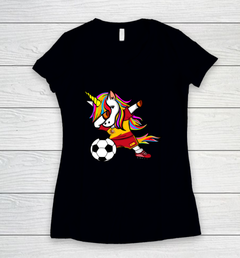 Funny Dabbing Unicorn Spain Football Spanish Flag Soccer Women's V-Neck T-Shirt