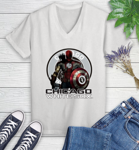 MLB Captain America Thor Spider Man Hawkeye Avengers Endgame Baseball Chicago White Sox Women's V-Neck T-Shirt