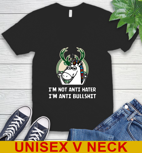 Milwaukee Bucks NBA Basketball Unicorn I'm Not Anti Hater I'm Anti Bullshit V-Neck T-Shirt 2