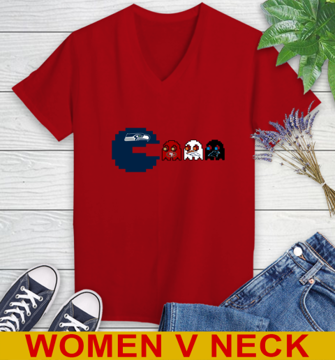 Seattle Seahawks NFL Football Pac Man Champion Women's V-Neck T-Shirt 12