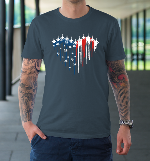 Retro Fighter Jet Airplane American Flag Heart 4th Of July T-Shirt 4