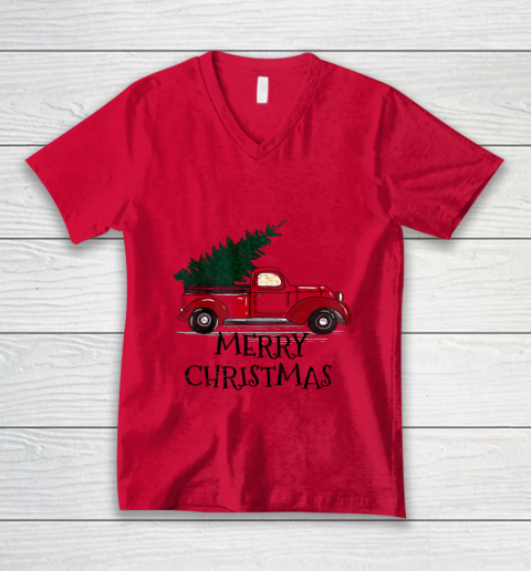 Vintage Red Truck With Merry Christmas Tree V-Neck T-Shirt 3