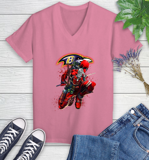 NFL Deadpool Marvel Comics Sports Football Baltimore Ravens Women's V-Neck T-Shirt 13