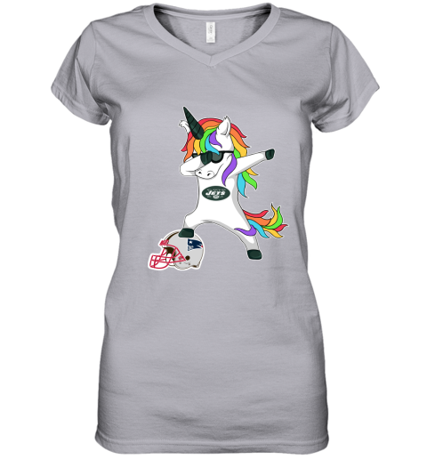 Football Dabbing Unicorn Steps On Helmet New York Jets Women's V-Neck T-Shirt