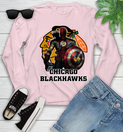 NHL Captain America Thor Spider Man Hawkeye Avengers Endgame Hockey Chicago Blackhawks Youth Long Sleeve 10