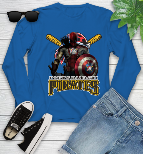 MLB Captain America Thor Spider Man Hawkeye Avengers Endgame Baseball Pittsburgh Pirates Youth Long Sleeve 9