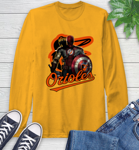 MLB Captain America Thor Spider Man Hawkeye Avengers Endgame Baseball Baltimore Orioles Long Sleeve T-Shirt 3