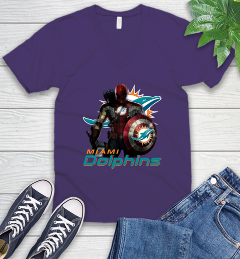 NFL Captain America Thor Spider Man Hawkeye Avengers Endgame Football Miami Dolphins V-Neck T-Shirt 10