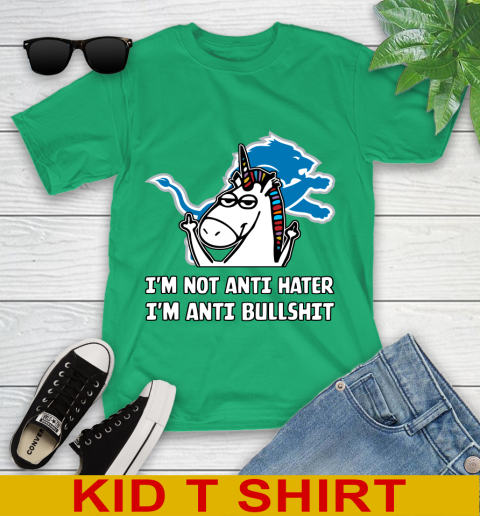 Detroit Lions NFL Football Unicorn I'm Not Anti Hater I'm Anti Bullshit Youth T-Shirt 6