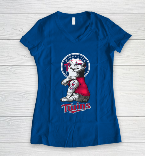 MLB Baseball My Cat Loves Minnesota Twins Women's V-Neck T-Shirt 7