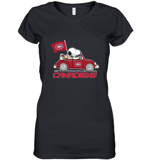 Snoopy And Woodstock Ride The Montreal Canadiens Car NHL Women's V-Neck T-Shirt