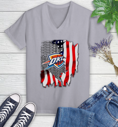 Oklahoma City Thunder NBA Basketball American Flag Women's V-Neck T-Shirt 4