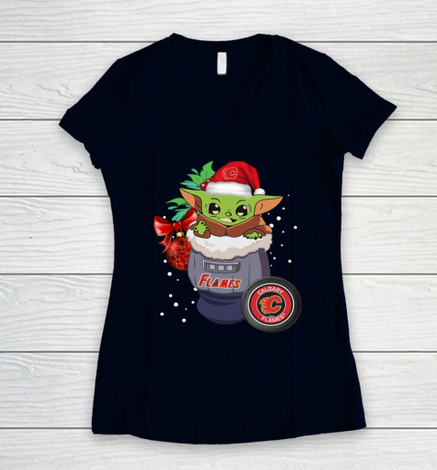 Calgary Flames Christmas Baby Yoda Star Wars Funny Happy NHL Women's V-Neck T-Shirt 3
