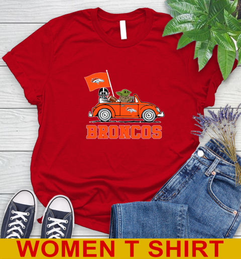NFL Football Denver Broncos Darth Vader Baby Yoda Driving Star Wars Shirt Women's T-Shirt - Image 11